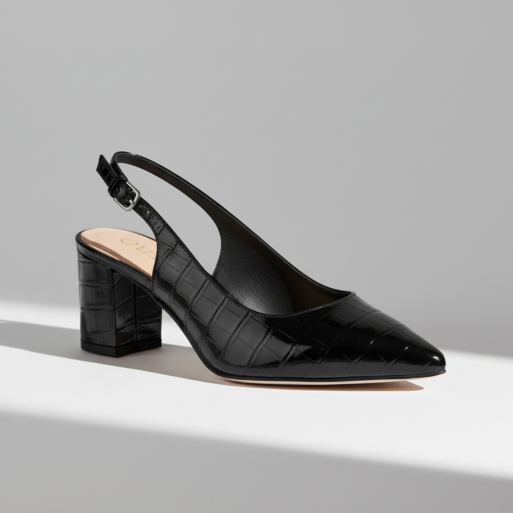 Black croc embossed slingback pumps with block heel - side view