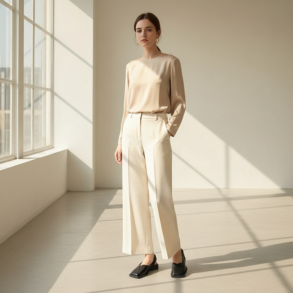 Woman wearing square toe slingback sandals with neutral outfit - lifestyle photography