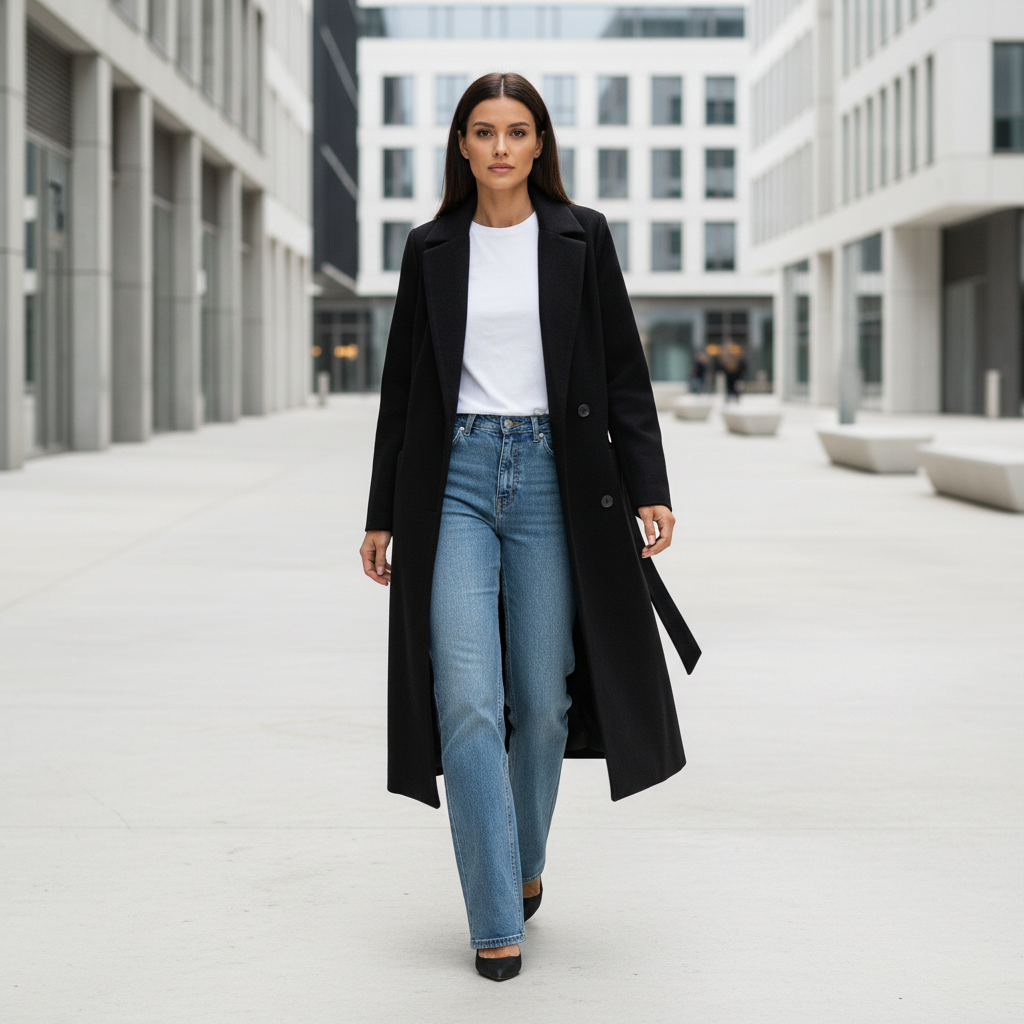 Women's black lapel coat lifestyle image