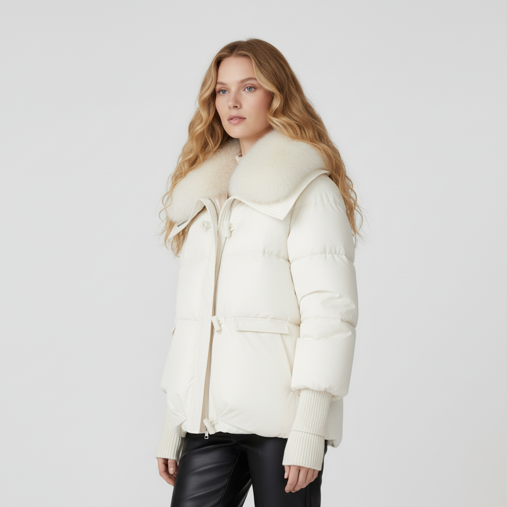 Women's puffer jacket with fur collar in white