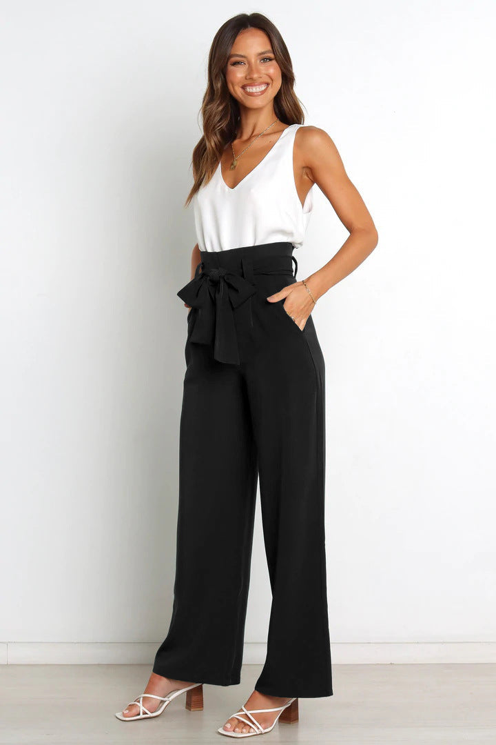 Straight Leg Trousers with Bow Detail for Effortless Style