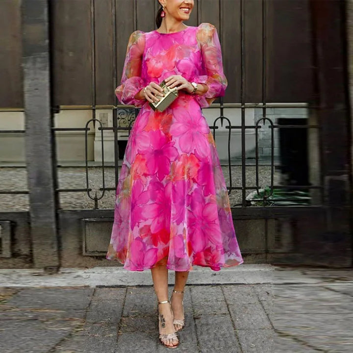 Wedding Guest Dress, Floral Print Midi Dress for Women, Pink & Blue