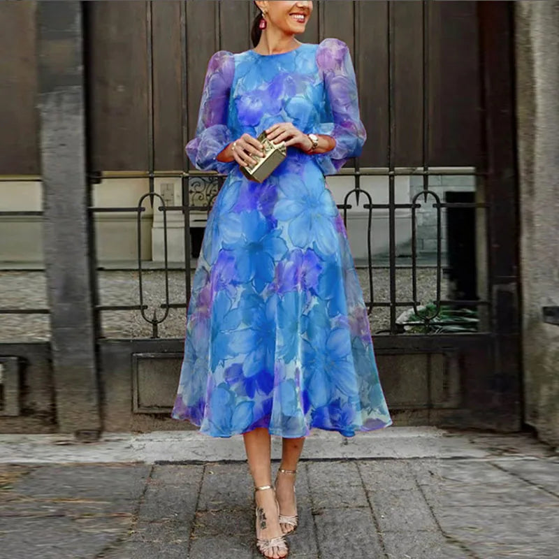 Wedding Guest Dress, Floral Print Midi Dress for Women, Pink & Blue