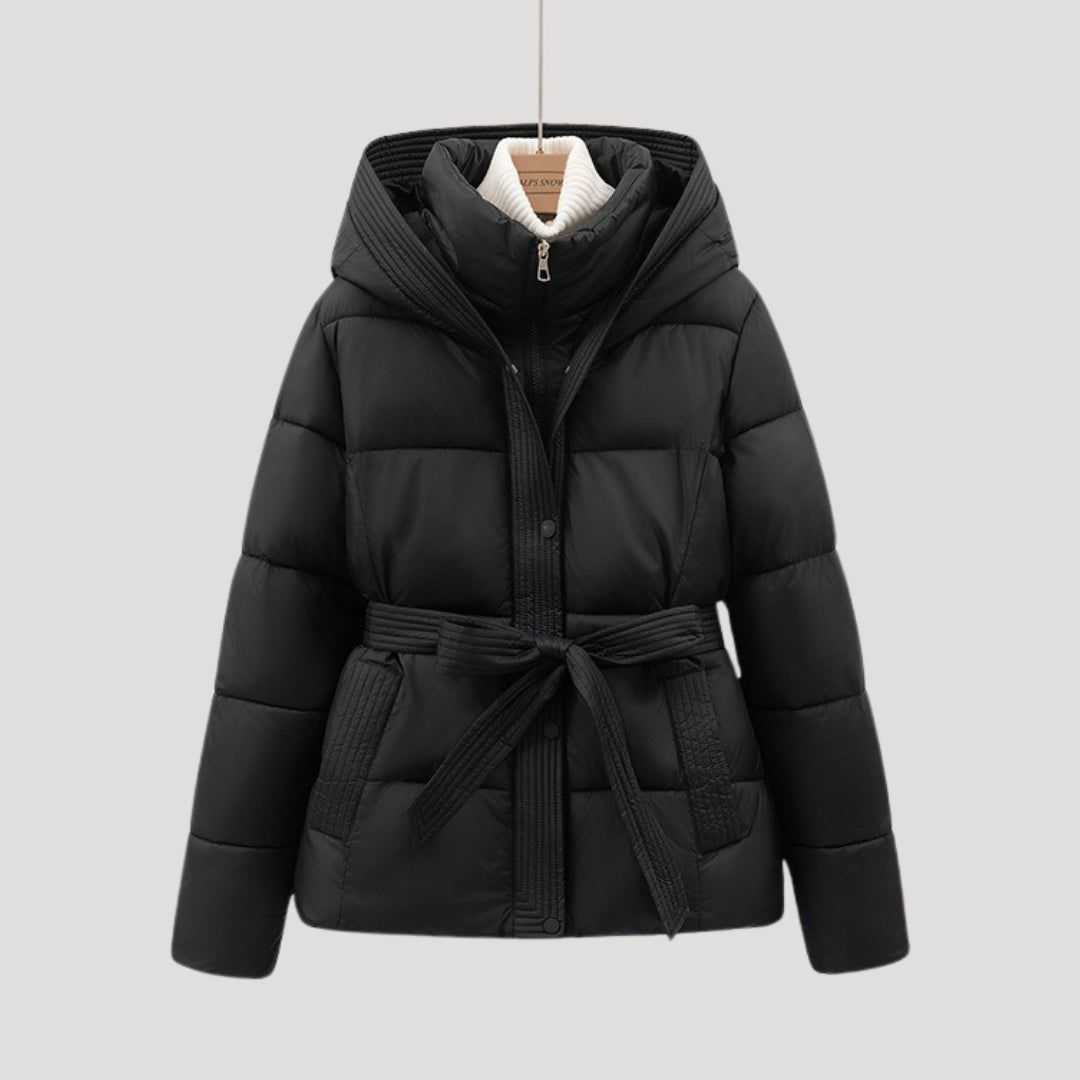 Women’s Hooded Puffer Jacket – Belted Winter Coat