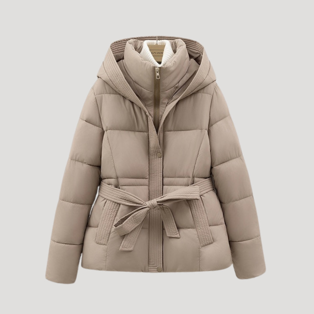 Women’s Hooded Puffer Jacket – Belted Winter Coat
