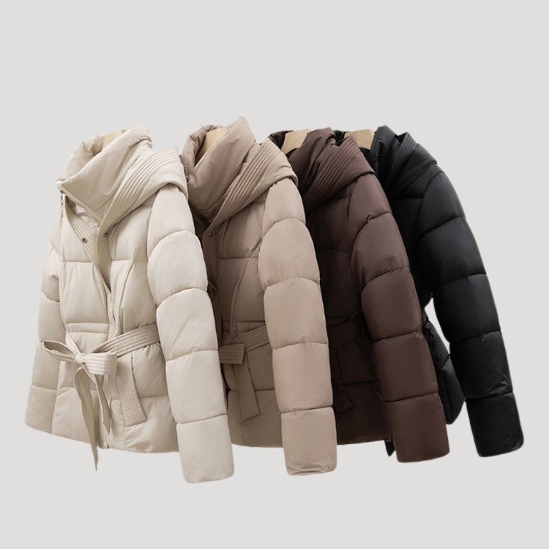 Women’s Hooded Puffer Jacket – Belted Winter Coat