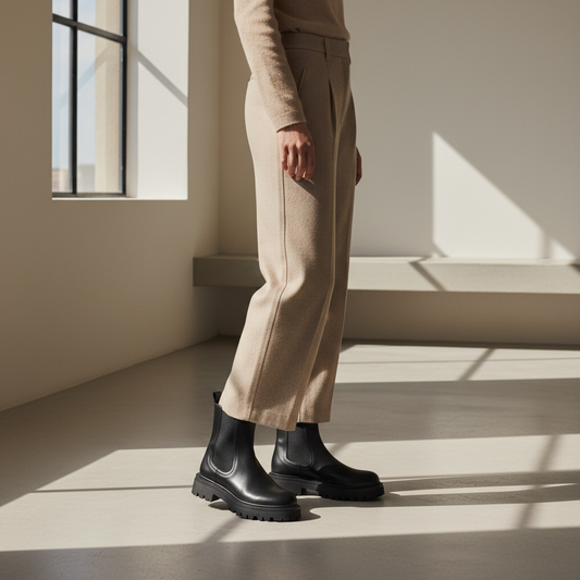 Black chunky Chelsea boots styled with neutral outfit - lifestyle photography