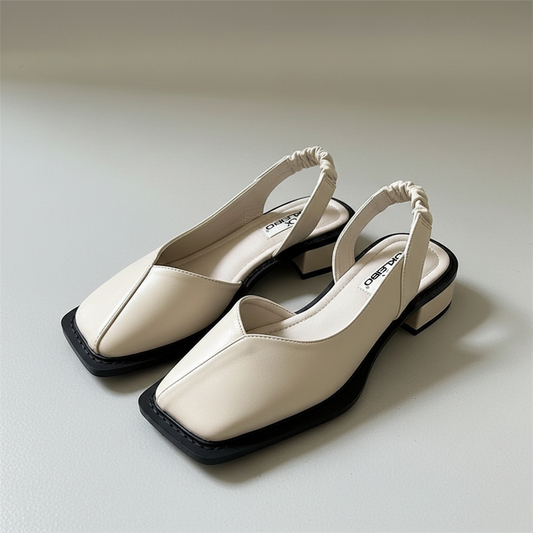 Beige square toe slingback sandals with braided strap - side view