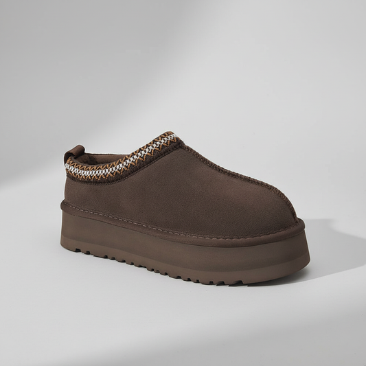 Chunky platform slip-on mules in brown faux suede with knitted trim - side view