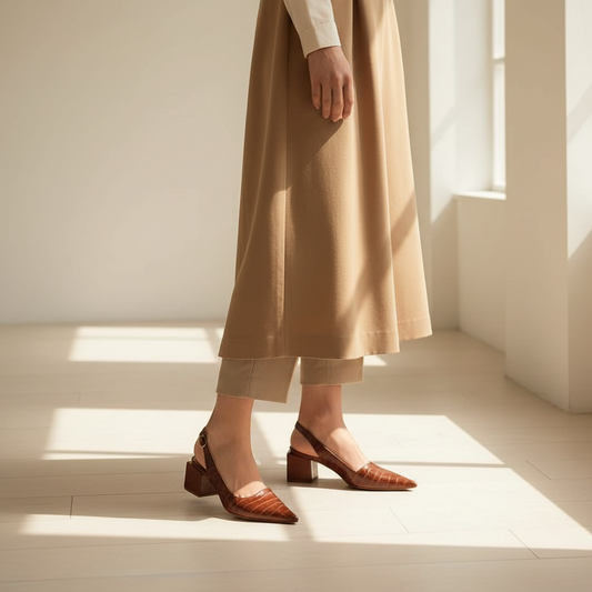 Woman wearing slingback pumps with tailored outfit - lifestyle photography