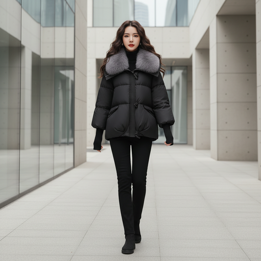 Women's puffer down jacket with fur collar in white styled in minimal urban winter setting
