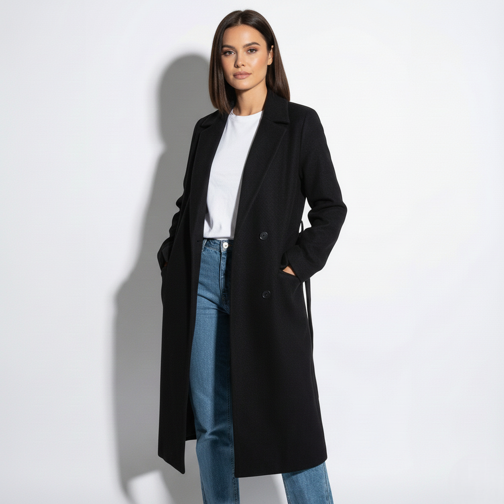 Women's long double-breasted lapel coat in black