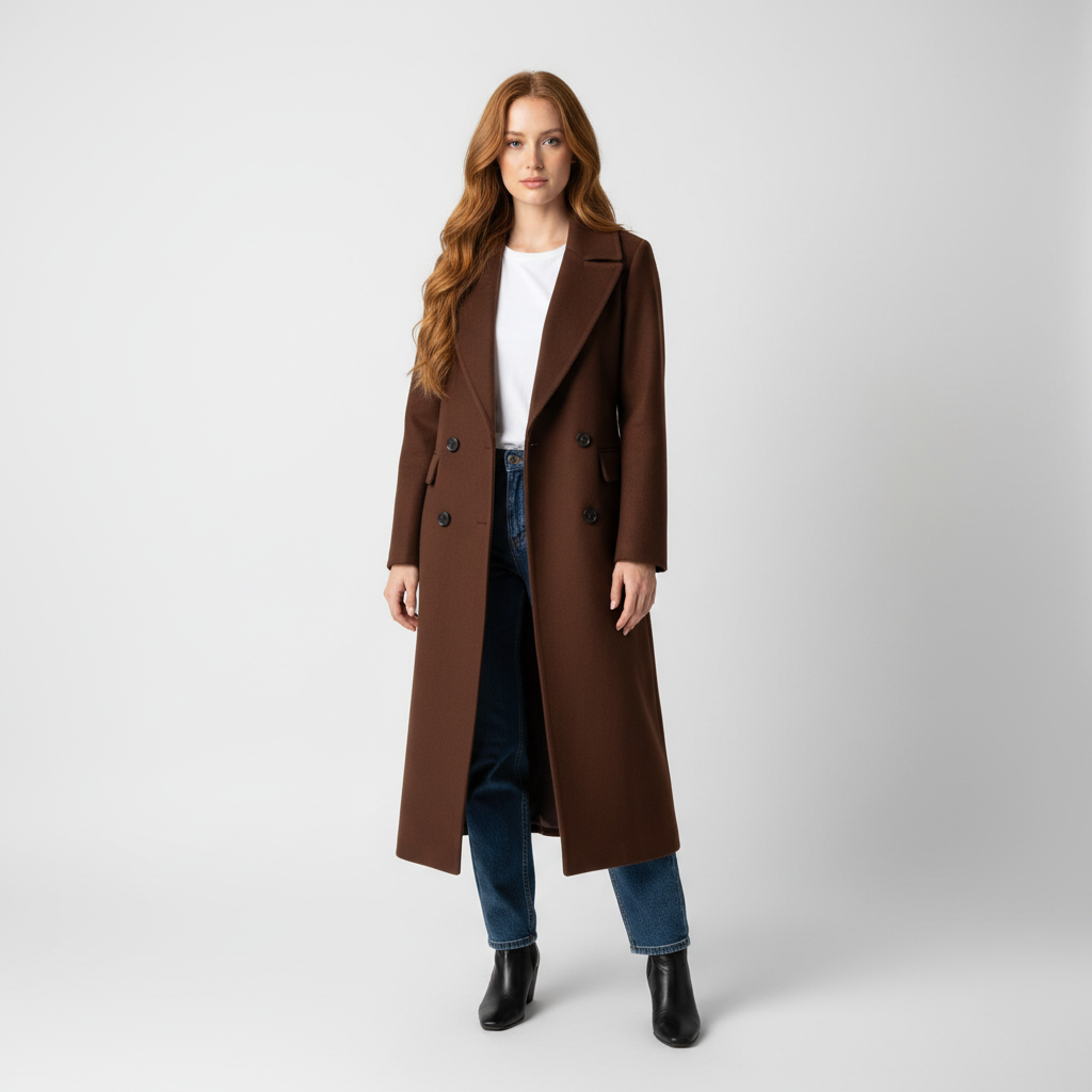 Women's long double-breasted lapel coat in chocolate brown