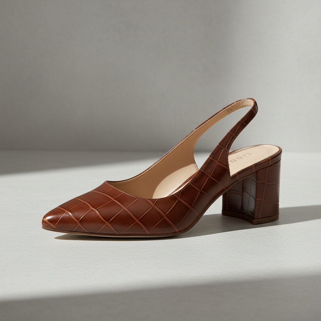 Brown croc embossed slingback pumps with block heel - side view