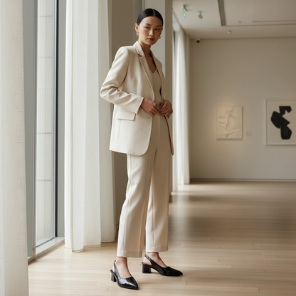 Slingback pumps styled with neutral outfit in refined interior - lifestyle photography