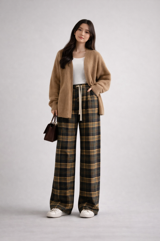 Wide-Leg Check Trousers for Women | Comfortable Everyday Fit