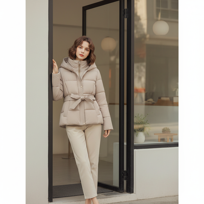 Women's hooded puffer jacket refined lifestyle in beige