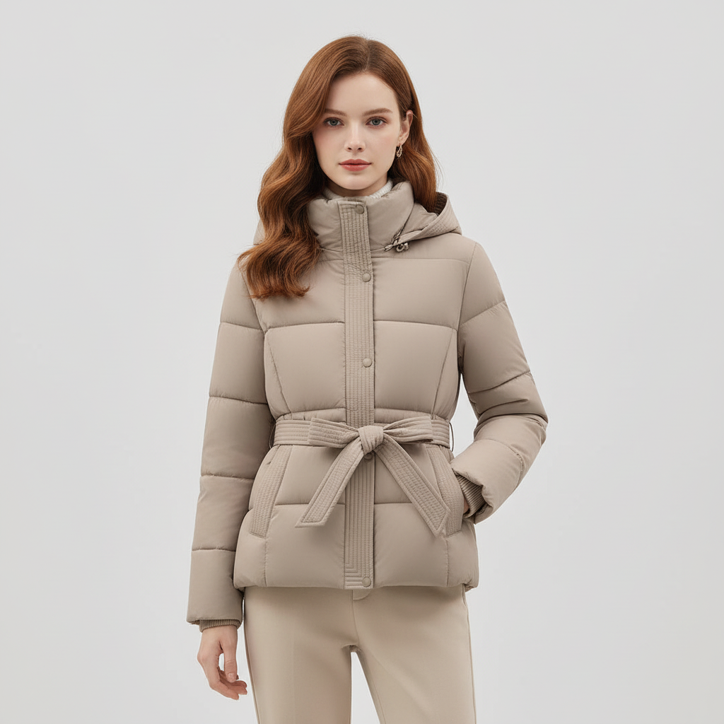 Women's hooded puffer jacket with belt in beige