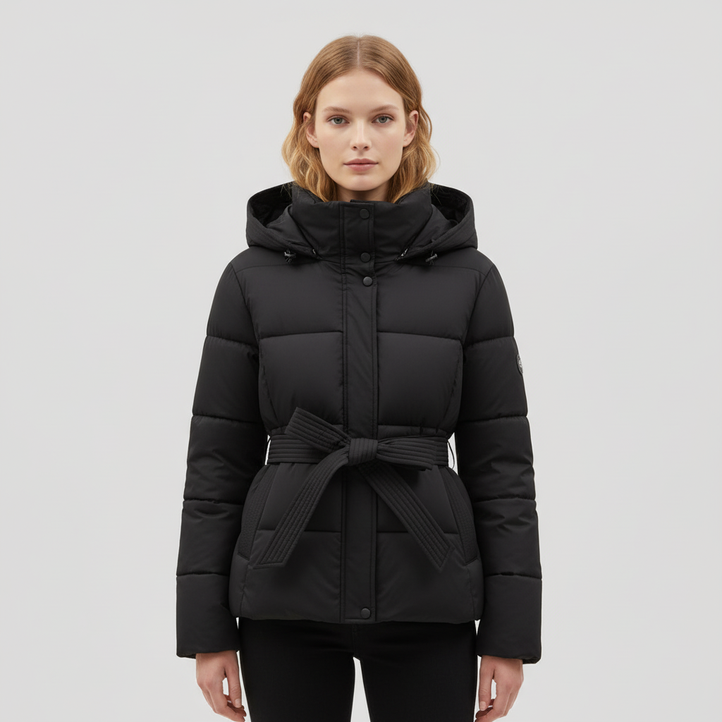 Women's hooded puffer jacket with belt in black