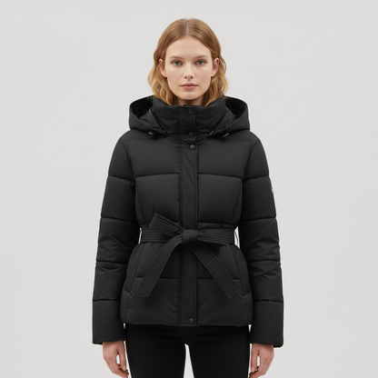Women's hooded puffer jacket with belt in black
