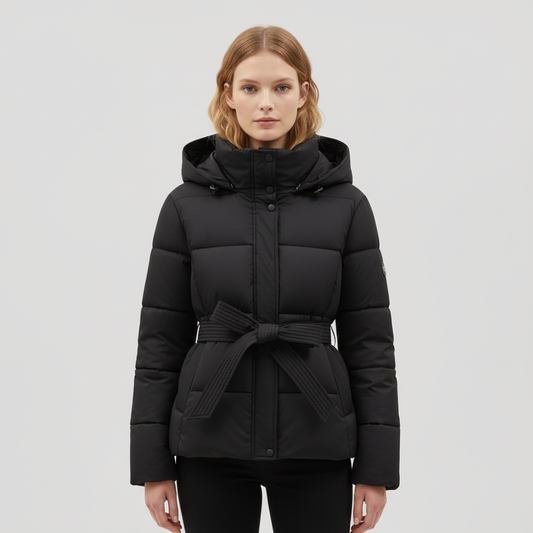 Women's hooded puffer jacket with belt in black