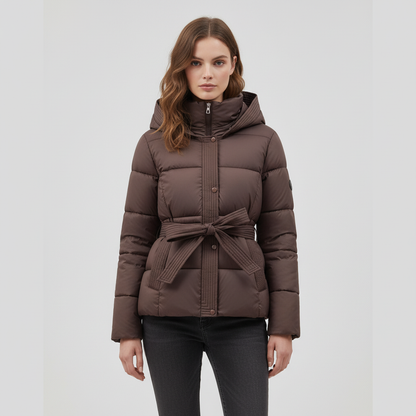 Women's hooded puffer jacket with belt in bronze