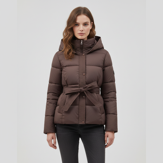 Women's hooded puffer jacket with belt in bronze