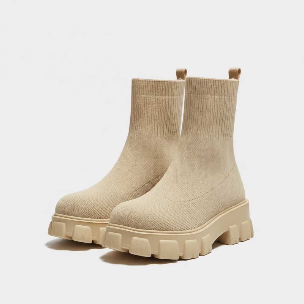 Women's knitted sock-style ankle boots in beige