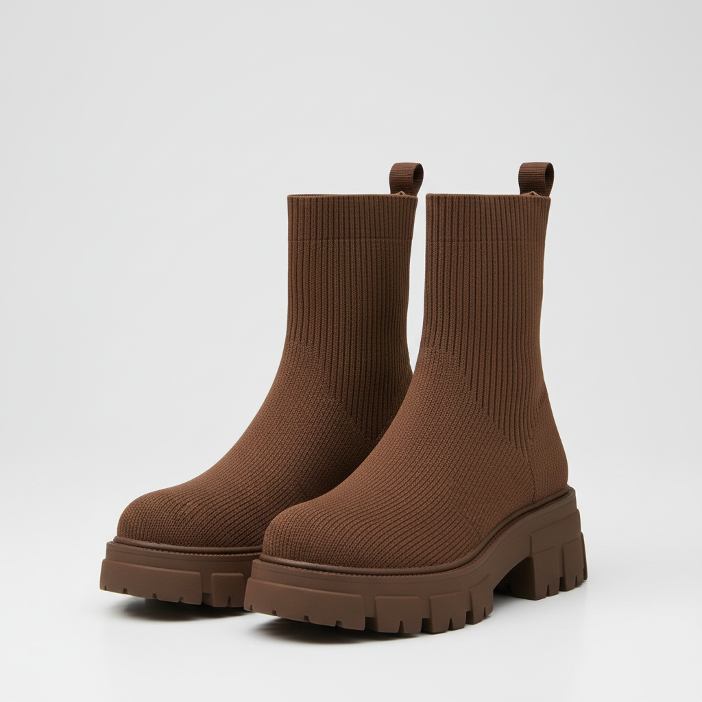 Women's knitted sock-style ankle boots in brown