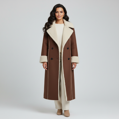 Women's long winter coat with teddy lining in brown