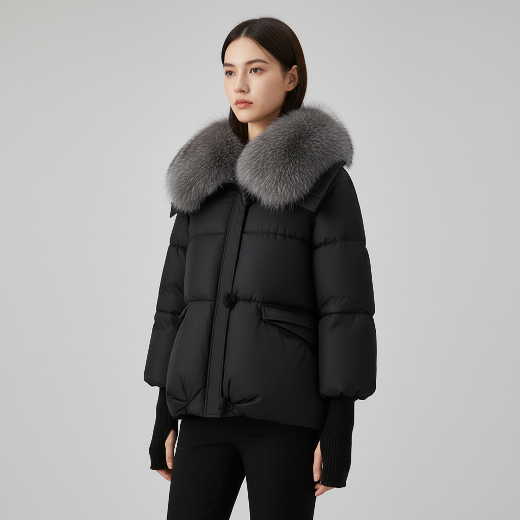 Women's puffer jacket with fur collar in black