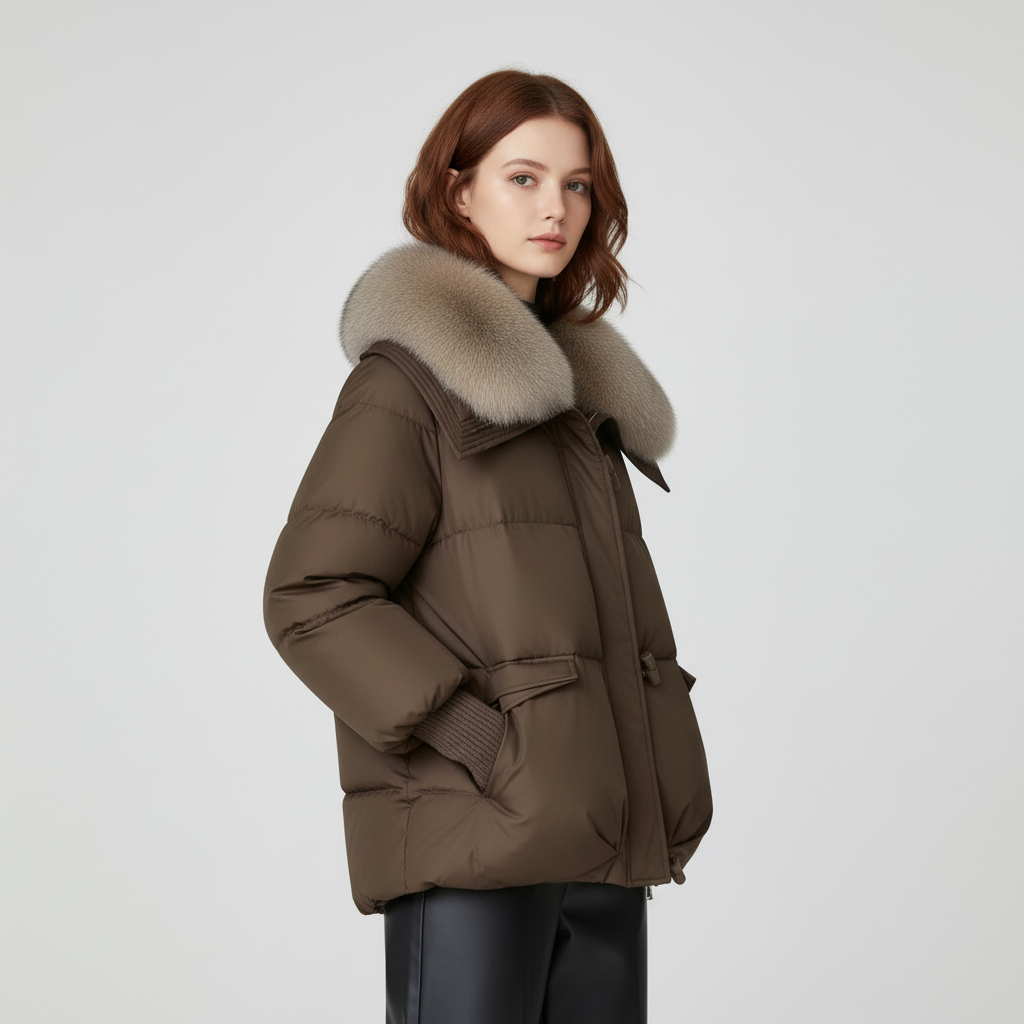 Women's puffer jacket with fur collar in brown