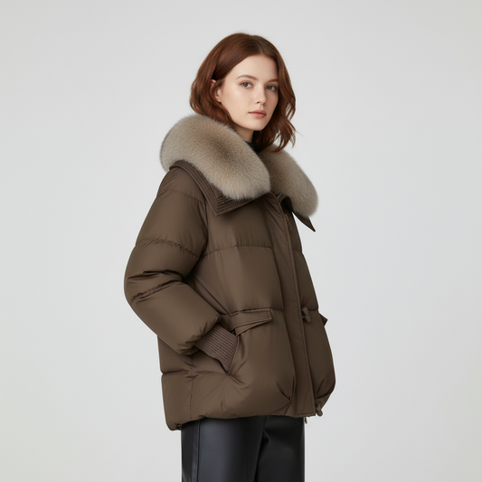 Women's puffer jacket with fur collar in brown